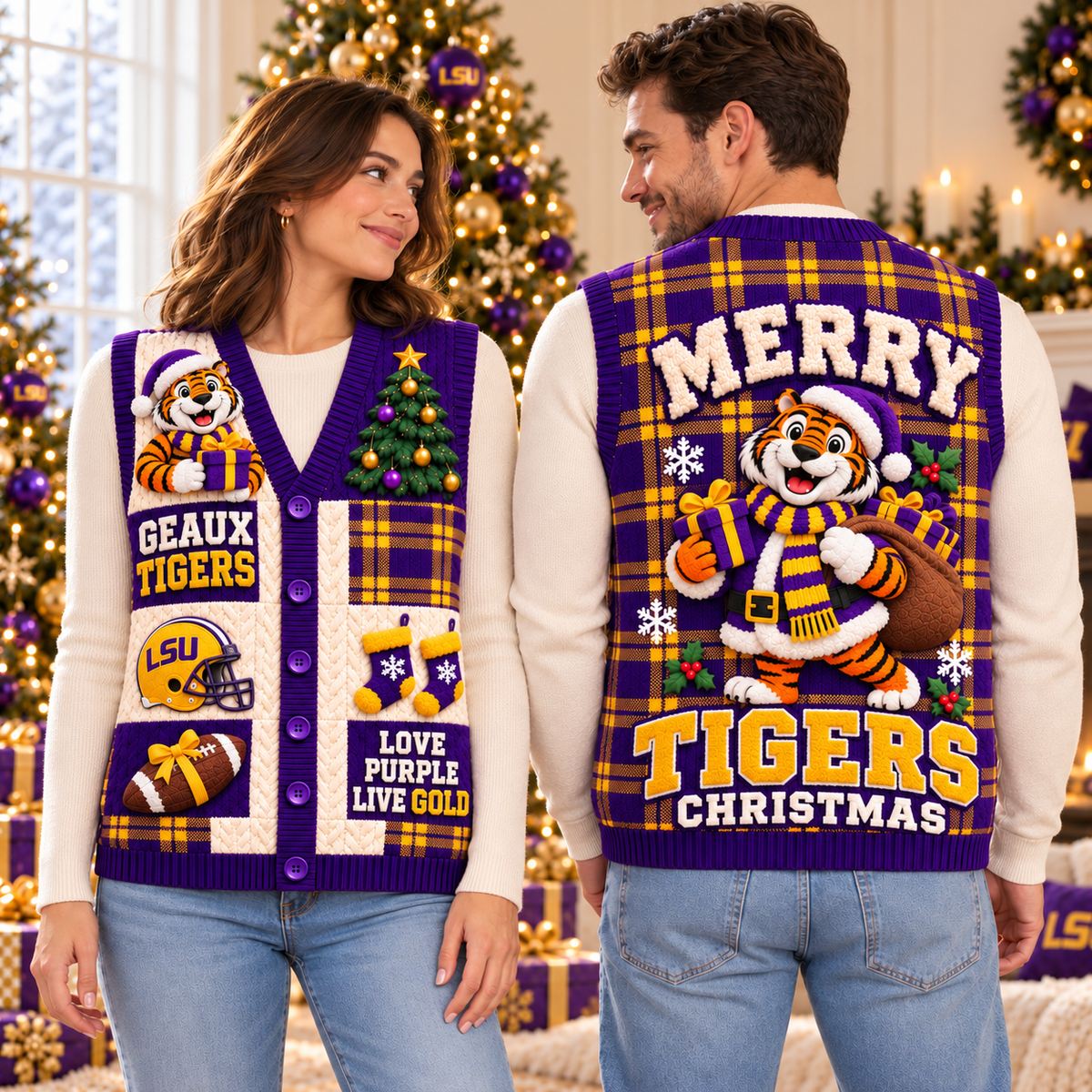 LSU Premium Christmas Cardigan Vest TMH