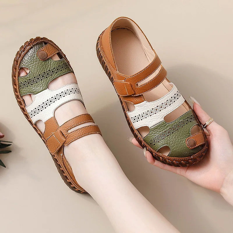 Newest gladiator summer sandals women's big size 43 woman real leather sandals ladies patchwork strap Non-slip flats