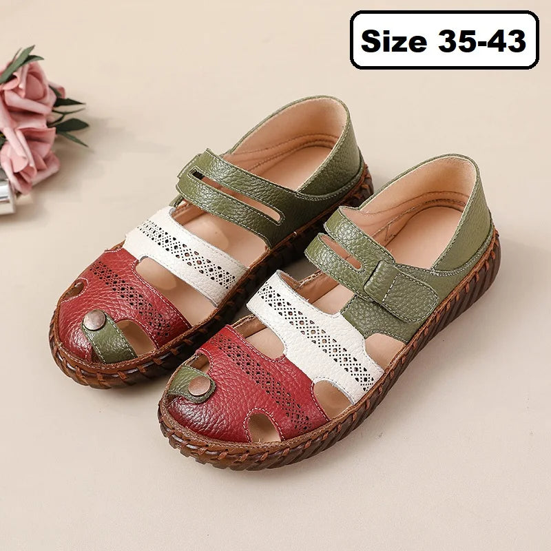 Newest gladiator summer sandals women's big size 43 woman real leather sandals ladies patchwork strap Non-slip flats