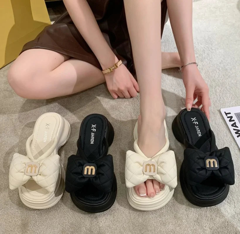 Women Slippers 2026 Summer Casual Shoes Versatile Thick Sole Women flip flop Outwear Bow Beach Slippers Sexy Slides tongs femme